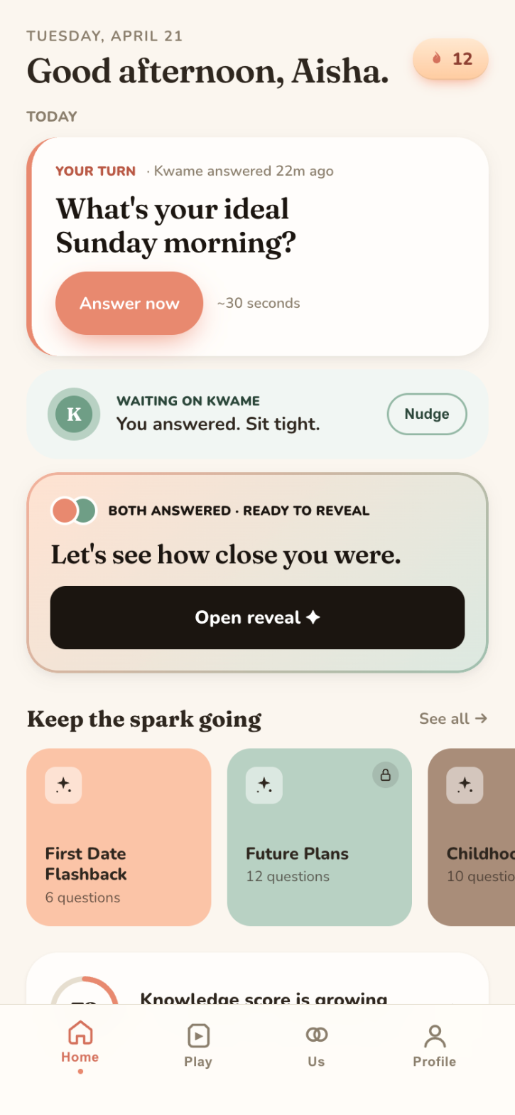TalkKnow home screen: today's question card reading “What's your ideal Sunday morning?”, a waiting-on-partner chip, and a ready-to-reveal card