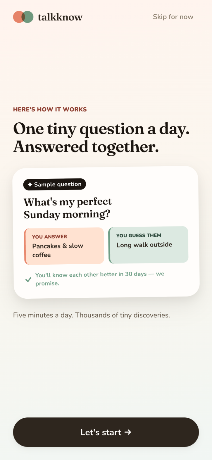 Sample question card: “What's my perfect Sunday morning?” with a you-answer side and a you-guess-them side