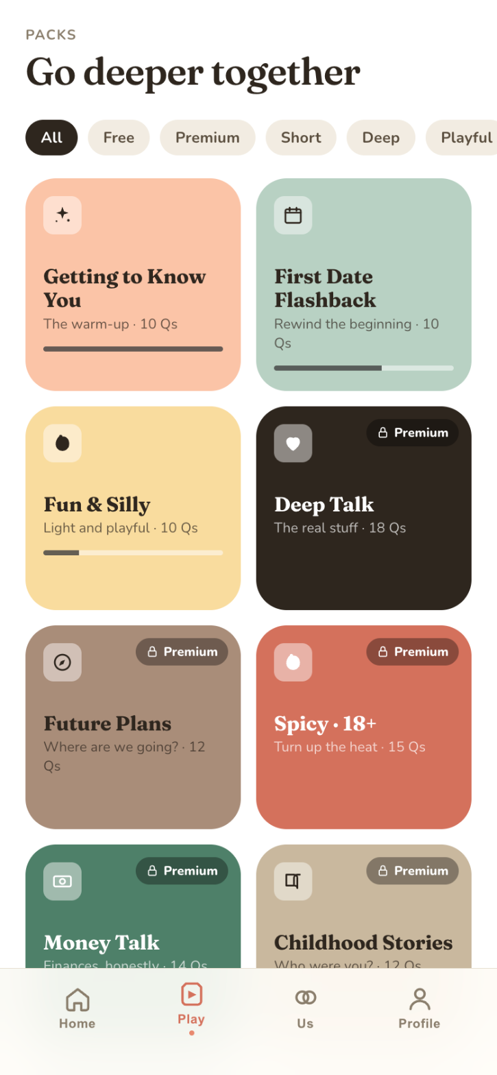 Question pack library with packs like Getting to Know You, Deep Talk, Future Plans and Money Talk