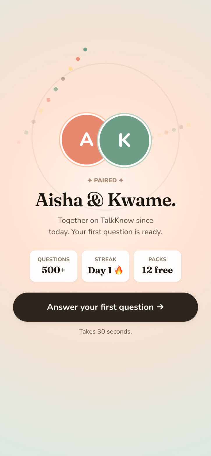 Pairing complete screen showing two overlapping circles with the couple's initials and the message “Aisha & Kwame — together on TalkKnow since today”