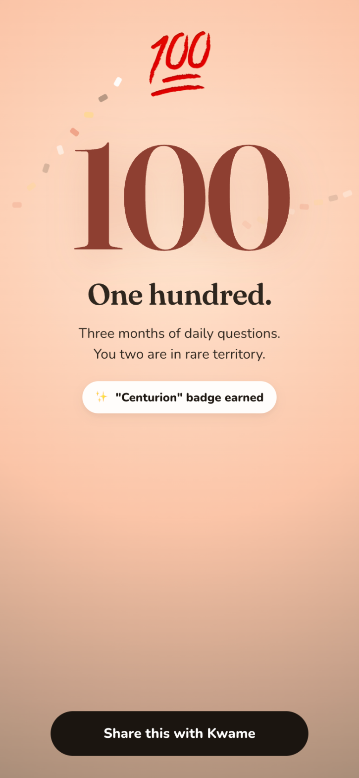Streak milestone screen celebrating 100 days of daily questions