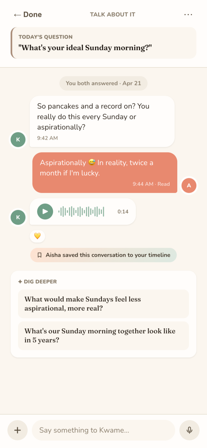 Talk-about thread: a chat anchored to today's question with text and voice messages