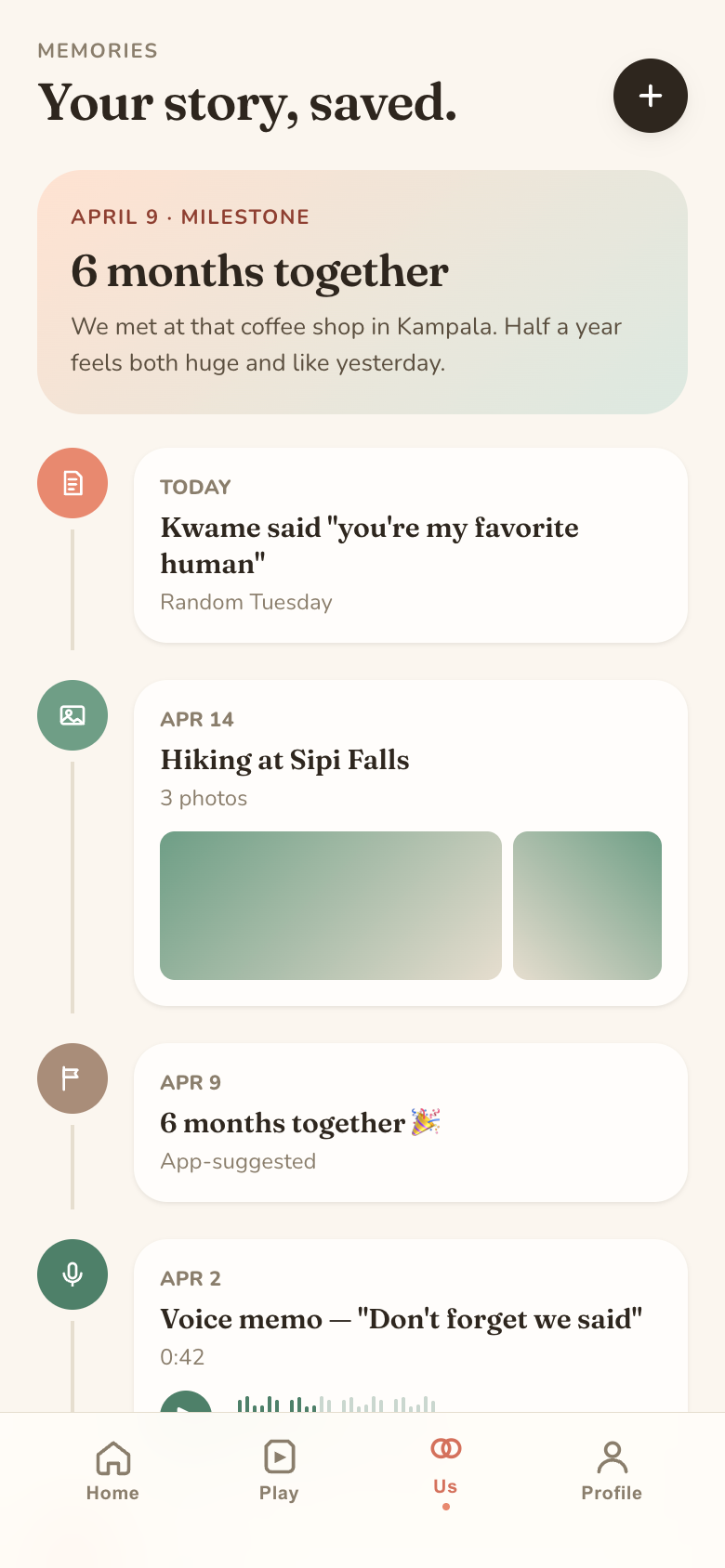 Memory timeline: milestones, photos, saved quotes and voice memos in a shared scrapbook